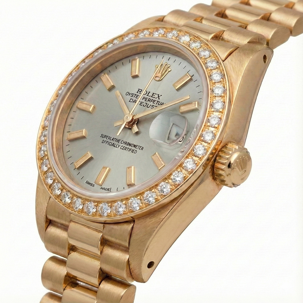 Rolex Datejust bastone bianco quadrante stile presidente orologio con diamanti lunetta in oro