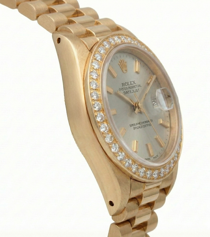 Rolex Datejust bastone bianco quadrante stile presidente orologio con diamanti lunetta in oro