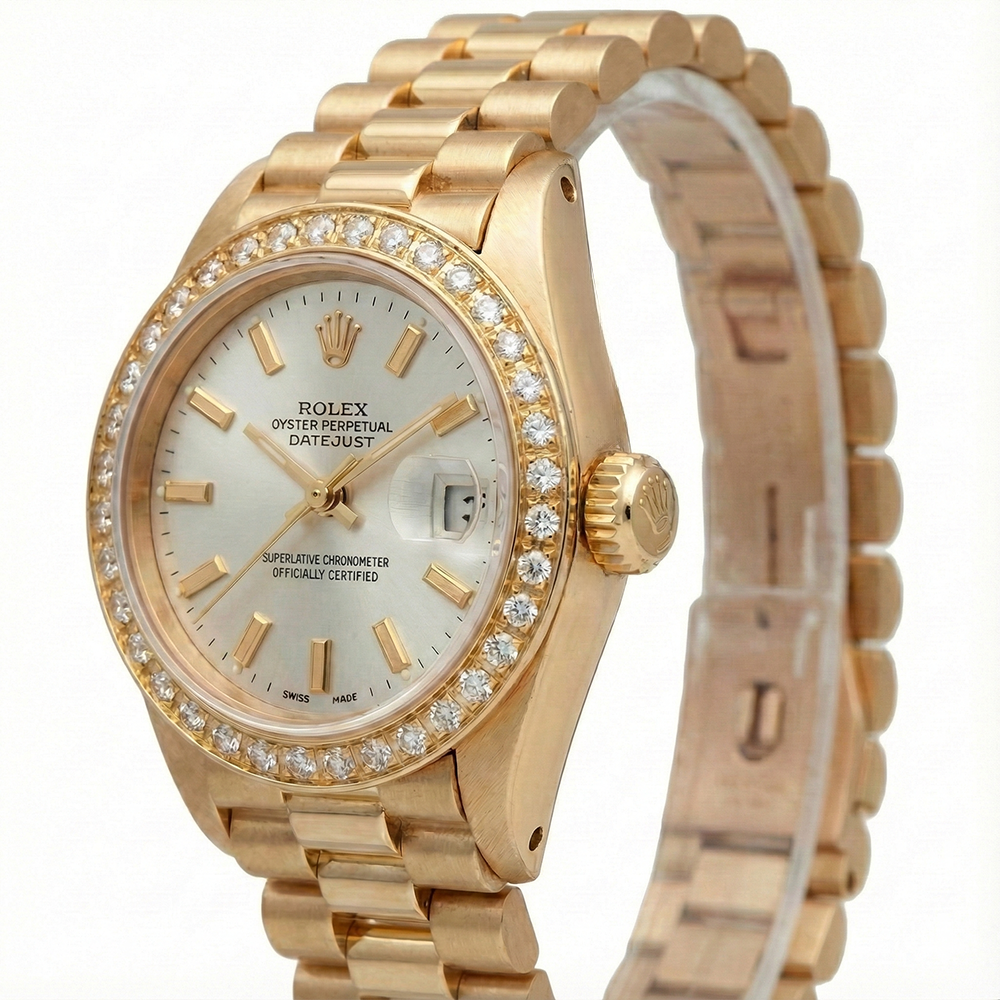 Rolex Datejust bastone bianco quadrante stile presidente orologio con diamanti lunetta in oro