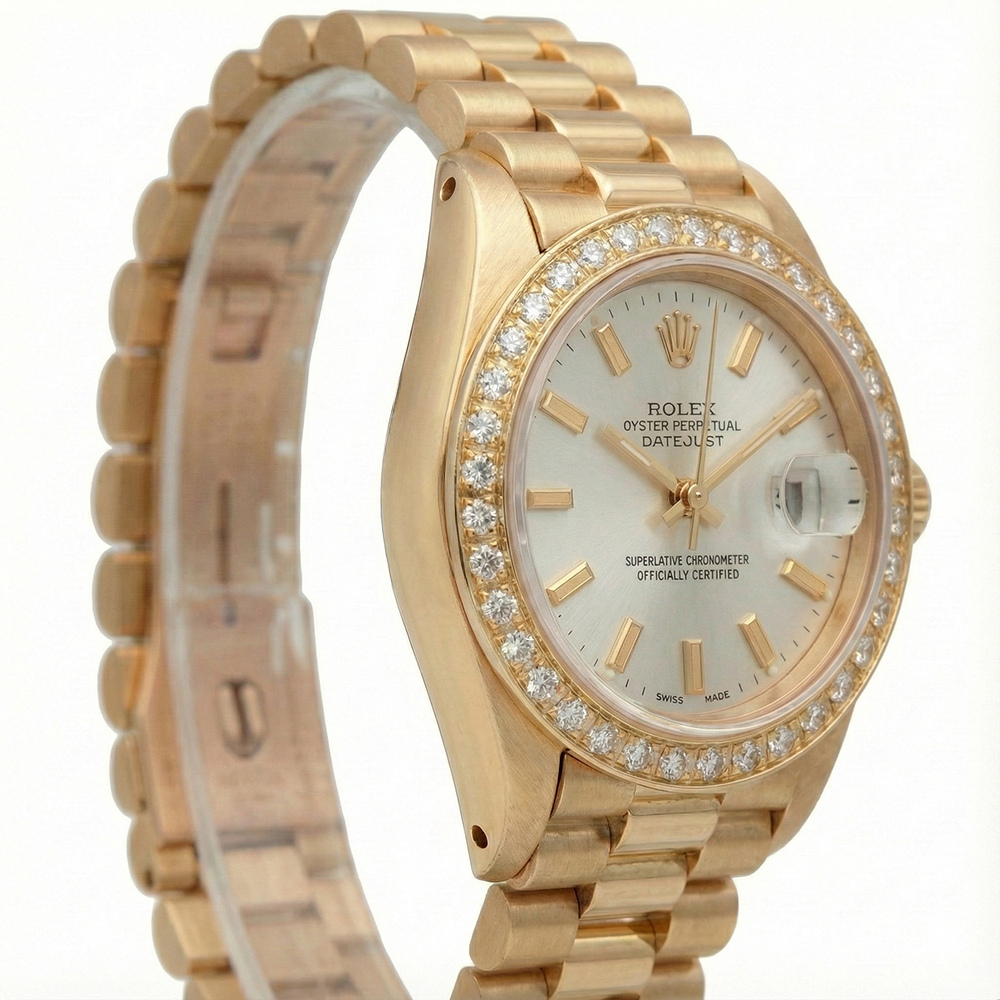 Rolex Datejust bastone bianco quadrante stile presidente orologio con diamanti lunetta in oro