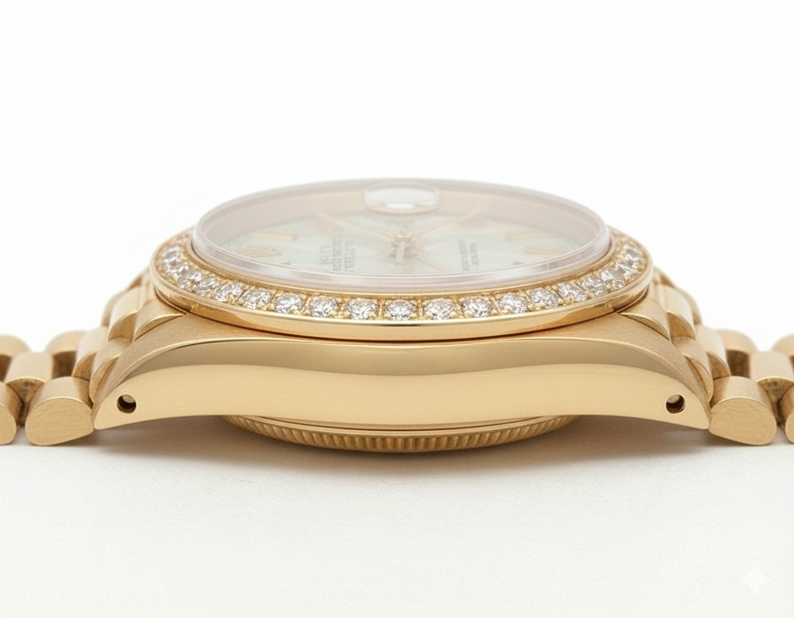 Rolex Datejust bianco quadrante romano lunetta con diamanti stile presidenziale in oro