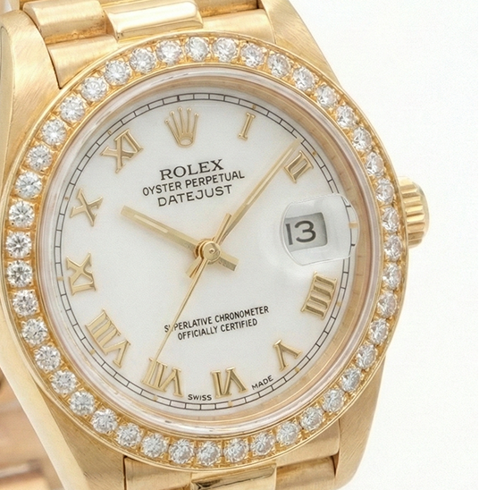 Rolex Datejust bianco quadrante romano lunetta con diamanti stile presidenziale in oro