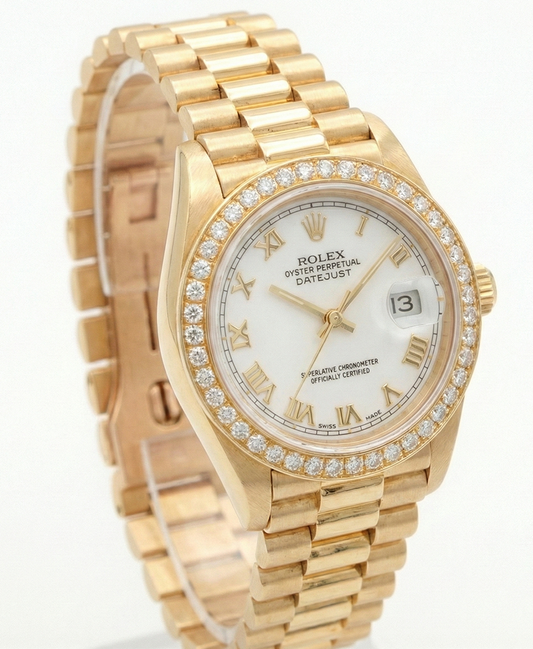 Rolex Datejust bianco quadrante romano lunetta con diamanti stile presidenziale in oro