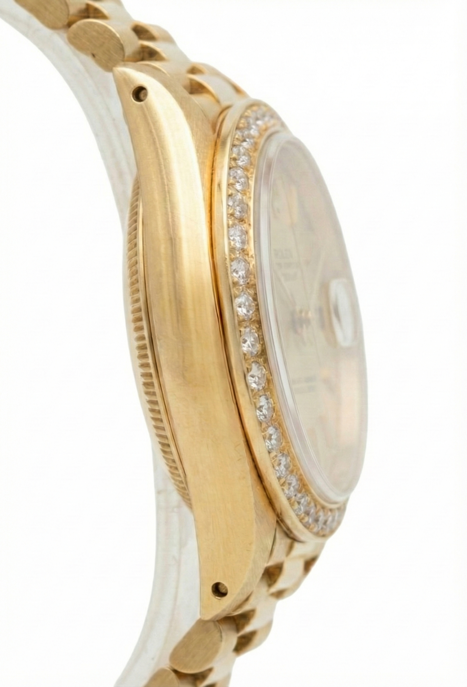 Rolex Datejust lunetta champagne arazzo bastone quadrante orologio stile presidente