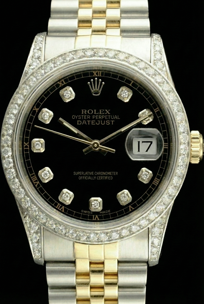 Rolex Datejust presa rapida Senza fori Lunetta con diamanti Quadrante nero Bracciale in acciaio inossidabile