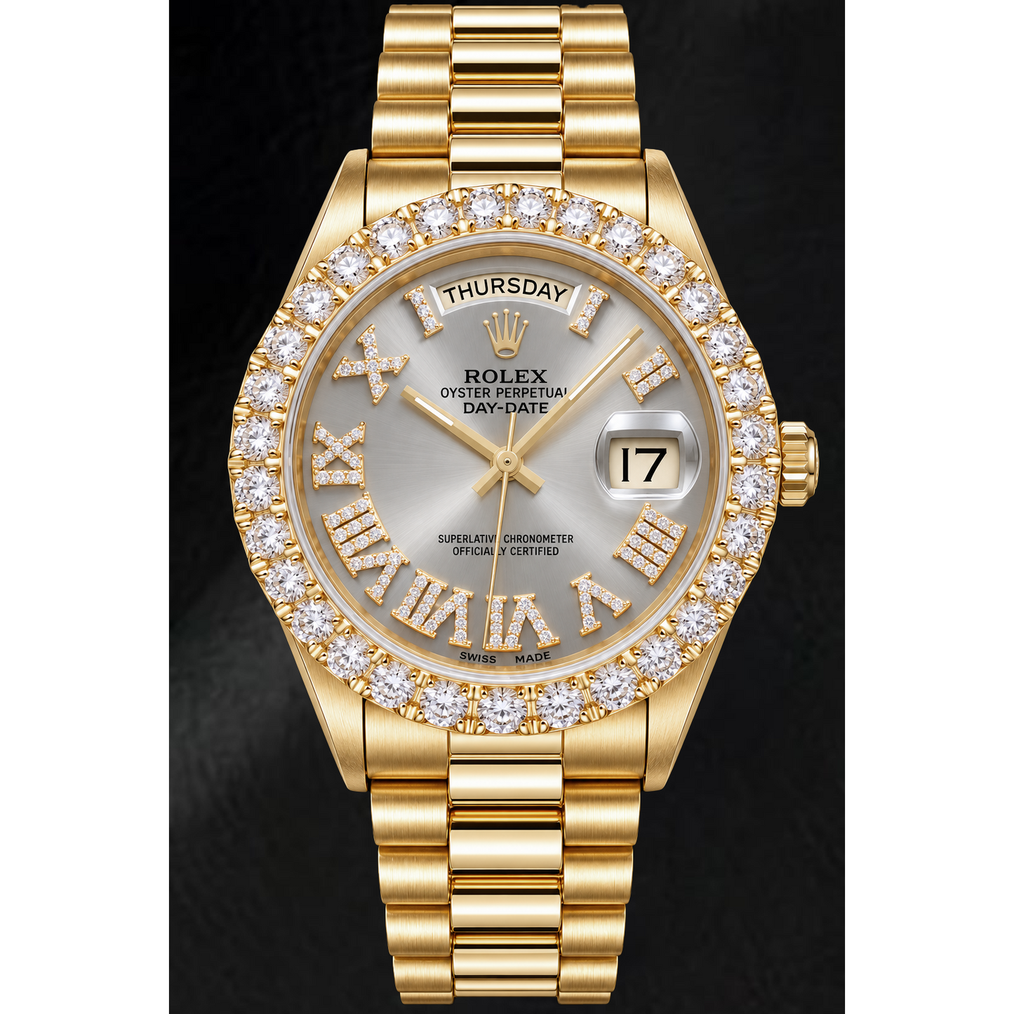 Rolex Day-Date 18038 36 mm Orologio in Oro Giallo con Quadrante Argento con Diamanti e Numeri Romani