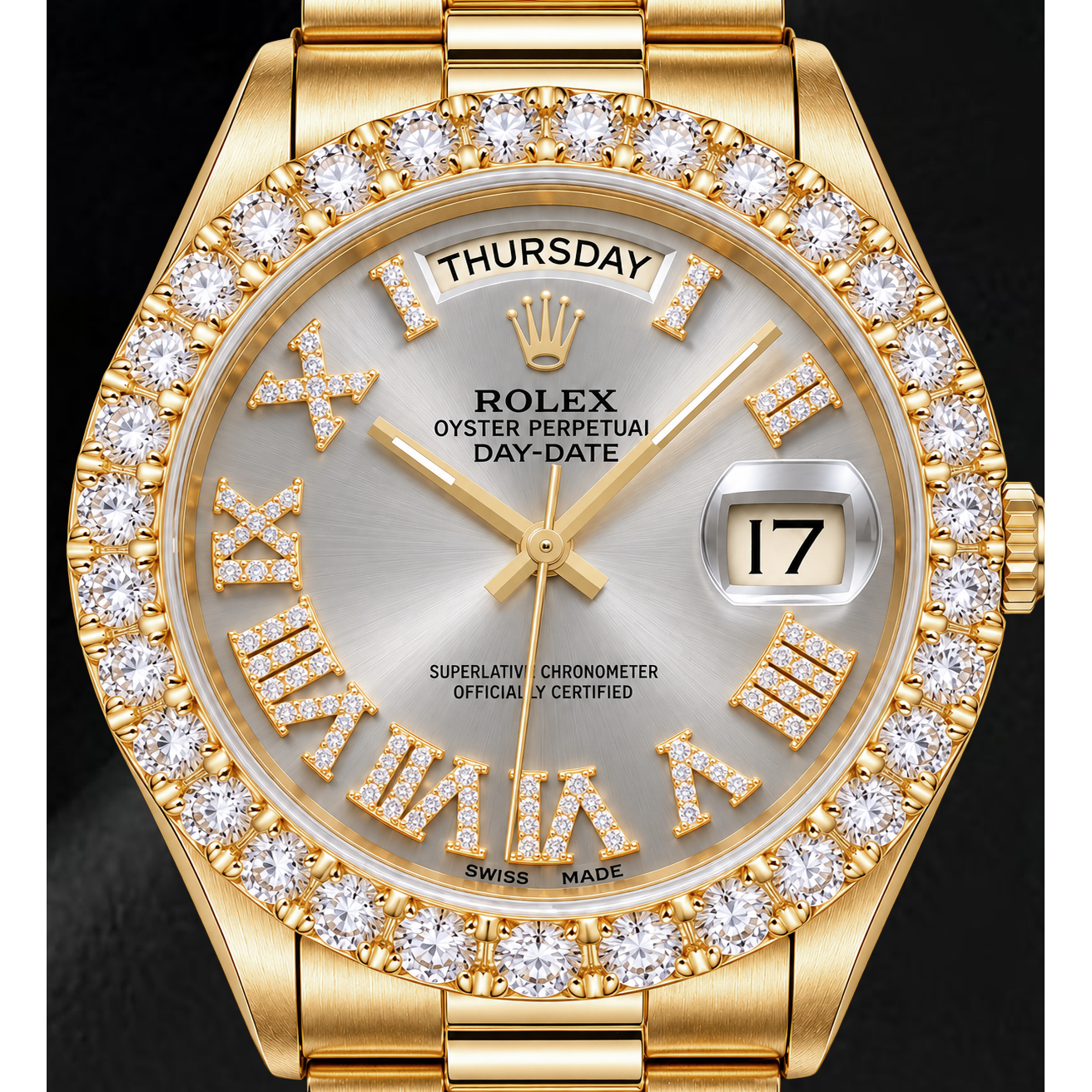 Rolex Day-Date 18038 36 mm Orologio in Oro Giallo con Quadrante Argento con Diamanti e Numeri Romani