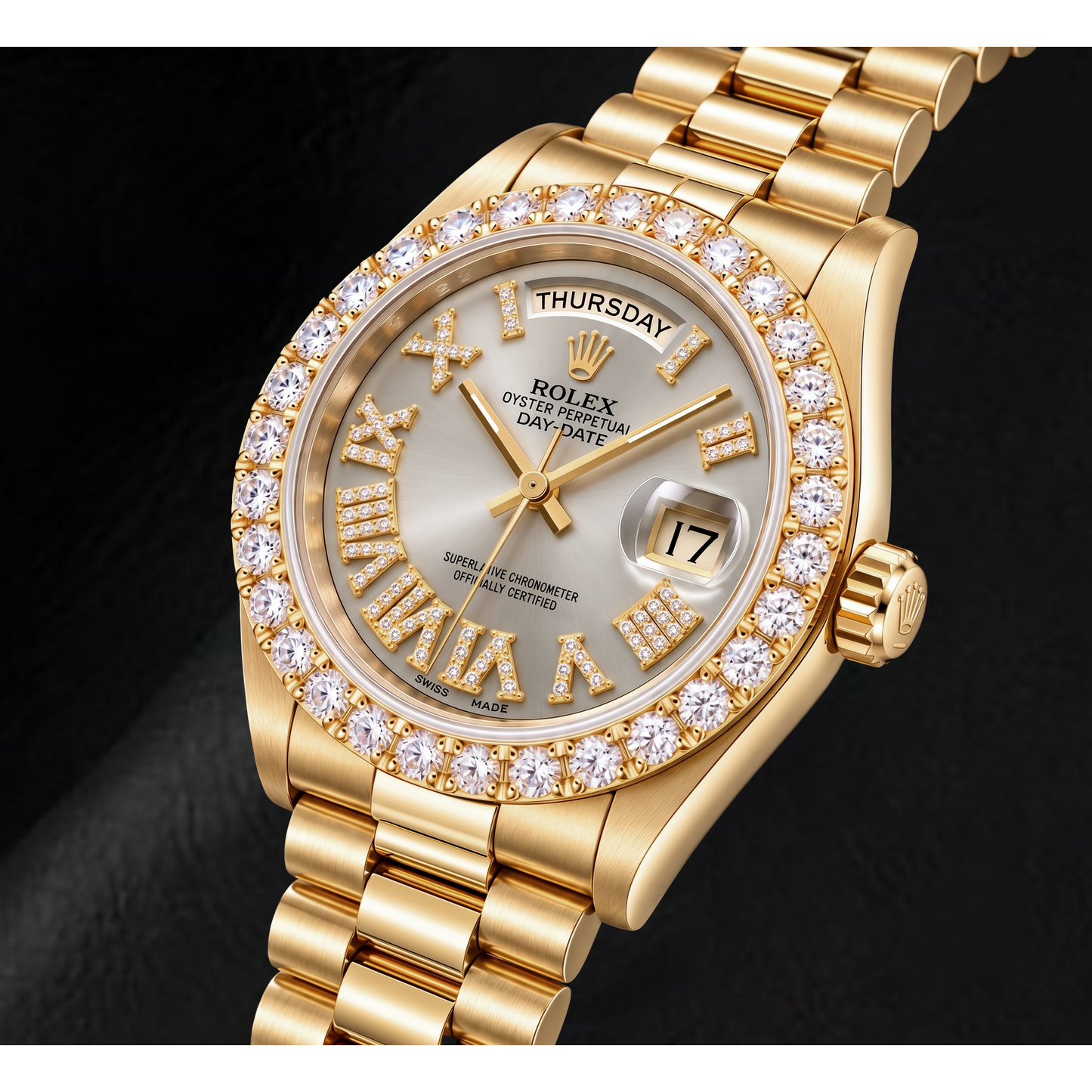 Rolex Day-Date 18038 36 mm Orologio in Oro Giallo con Quadrante Argento con Diamanti e Numeri Romani