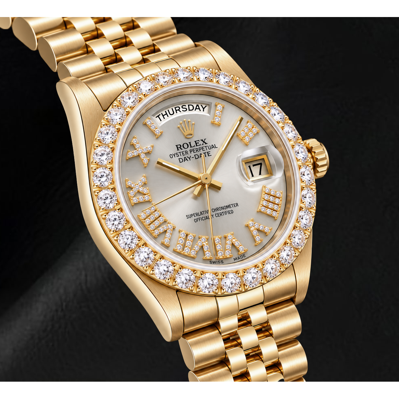 Rolex Day-Date 18038 36 mm Orologio in Oro Giallo con Quadrante Argento con Diamanti e Numeri Romani
