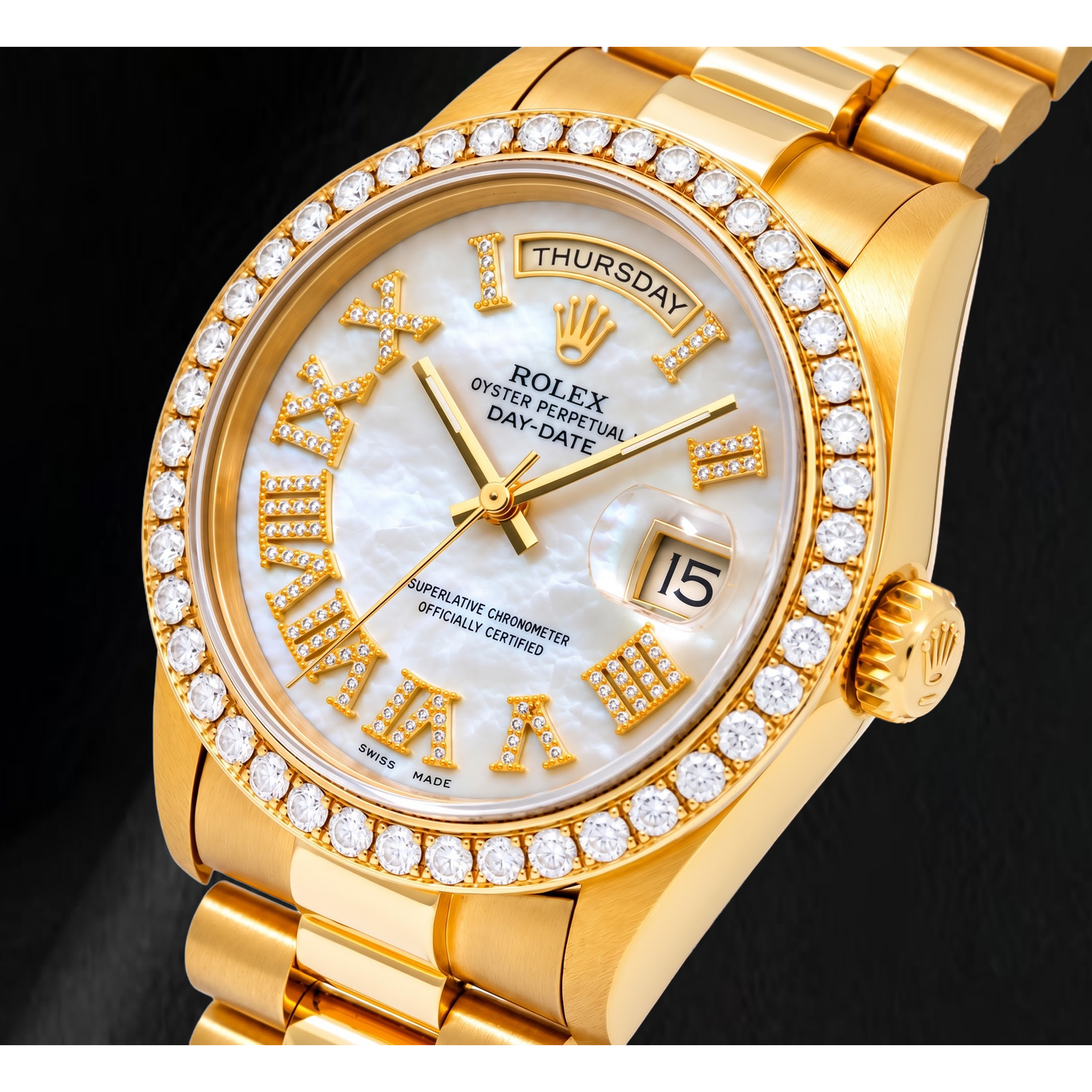 Rolex Day-Date 18238 36 mm Orologio in Oro Giallo con Quadrante con Diamanti in Madreperla Bianca e Numeri Romani
