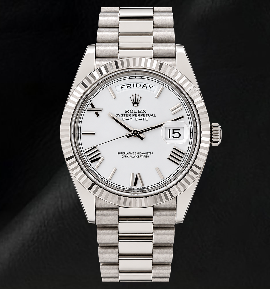 Orologio Rolex Day-Date 228239 40 mm Quadrante Bianco con Numeri Romani in Oro Bianco 18K