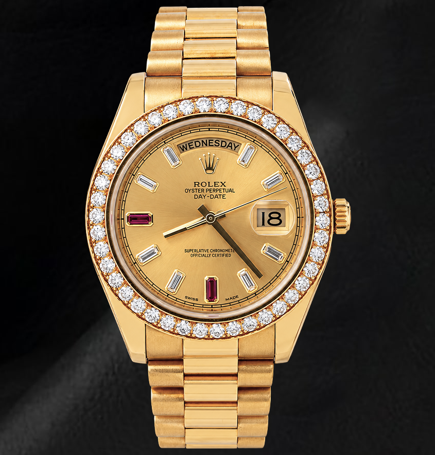 Rolex Day-Date II 218348 41 mm Orologio in Oro Giallo 18K Quadrante Champagne con Diamanti Baguette