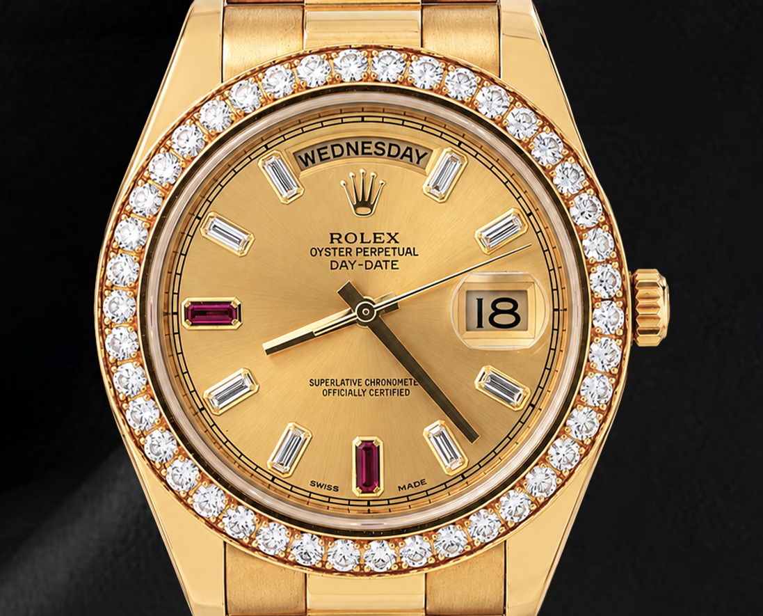 Rolex Day-Date II 218348 41 mm Orologio in Oro Giallo 18K Quadrante Champagne con Diamanti Baguette