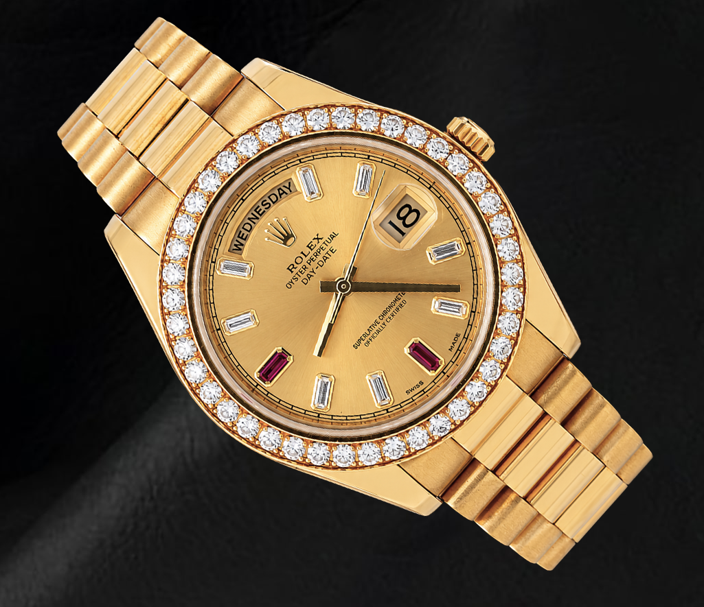 Rolex Day-Date II 218348 41 mm Orologio in Oro Giallo 18K Quadrante Champagne con Diamanti Baguette