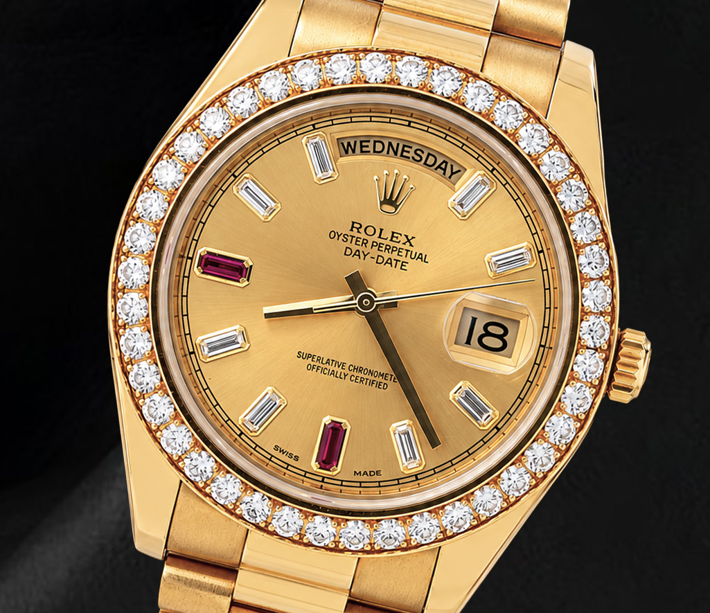 Rolex Day-Date II 218348 41 mm Orologio in Oro Giallo 18K Quadrante Champagne con Diamanti Baguette