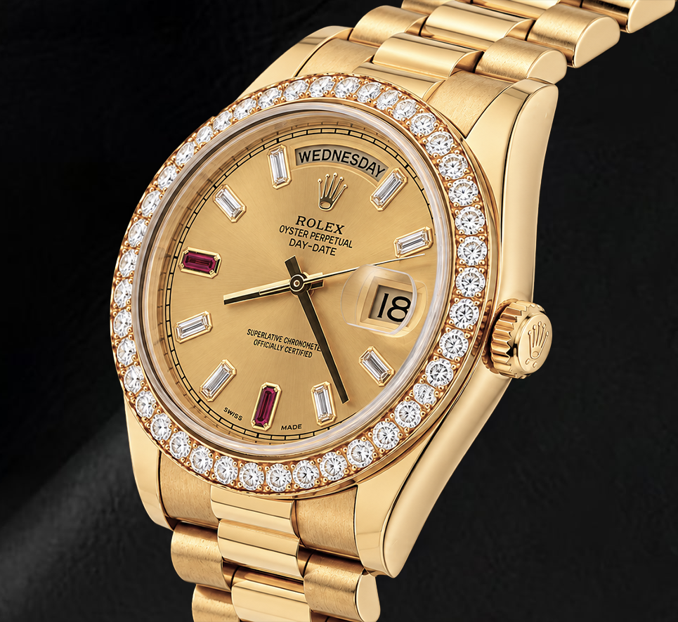 Rolex Day-Date II 218348 41 mm Orologio in Oro Giallo 18K Quadrante Champagne con Diamanti Baguette