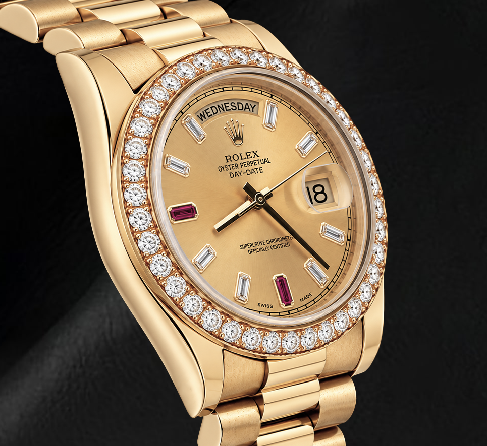 Rolex Day-Date II 218348 41 mm Orologio in Oro Giallo 18K Quadrante Champagne con Diamanti Baguette