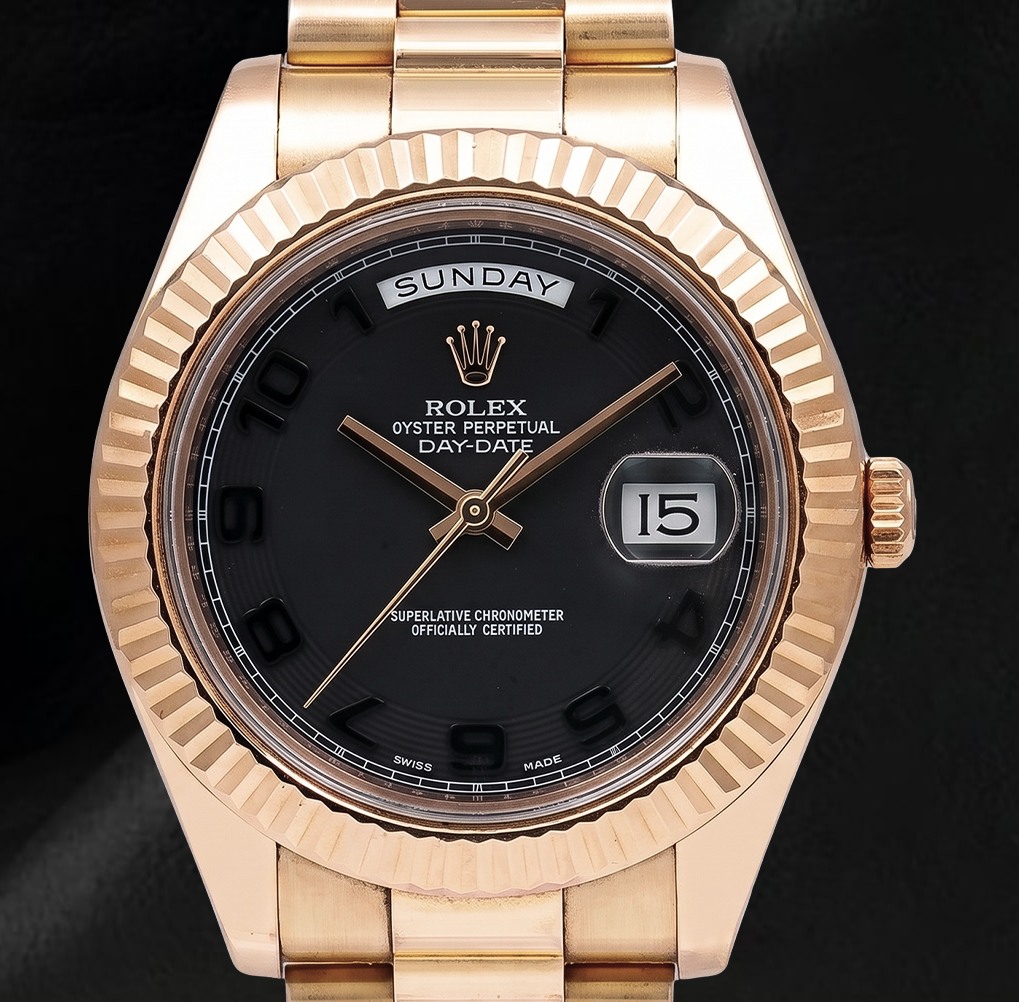 Rolex Day-Date II 41mm 218235 Orologio in Oro Rosa con Quadrante Nero con Numeri Arabi e Bracciale President