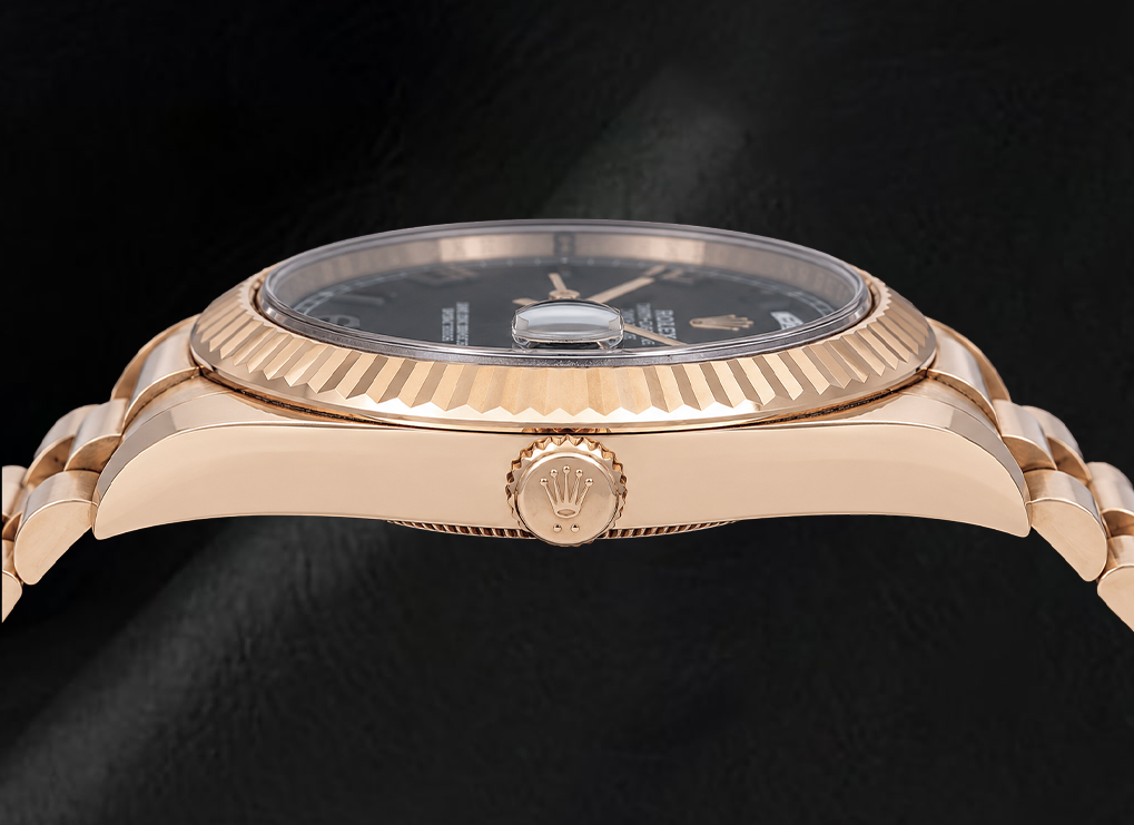 Rolex Day-Date II 41mm 218235 Orologio in Oro Rosa con Quadrante Nero con Numeri Arabi e Bracciale President