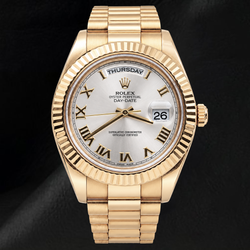 Rolex Day Date II 41 mm 218238 Quadrante Argento con Numeri Romani Bracciale President Orologio in Oro Giallo