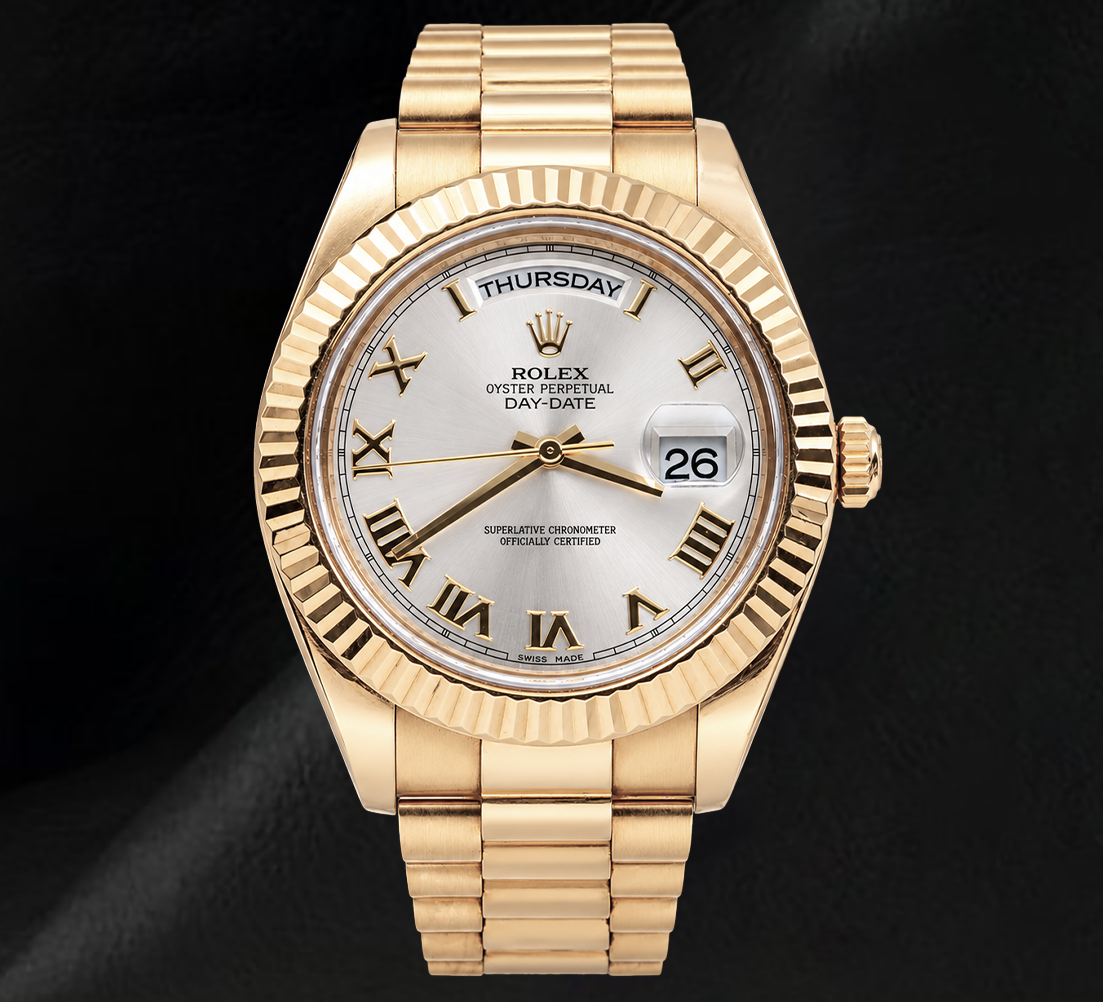 Rolex Day Date II 41 mm 218238 Quadrante Argento con Numeri Romani Bracciale President Orologio in Oro Giallo