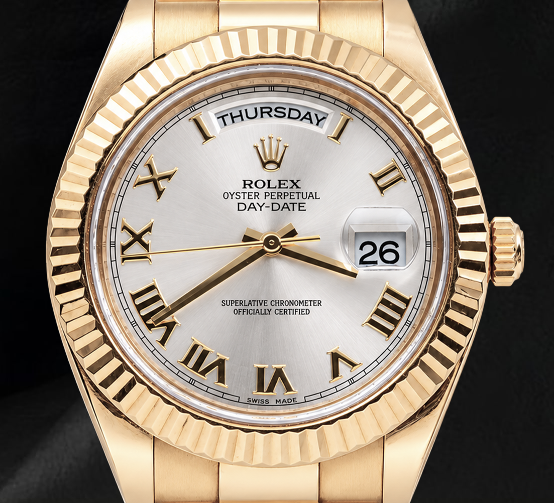 Rolex Day Date II 41 mm 218238 Quadrante Argento con Numeri Romani Bracciale President Orologio in Oro Giallo