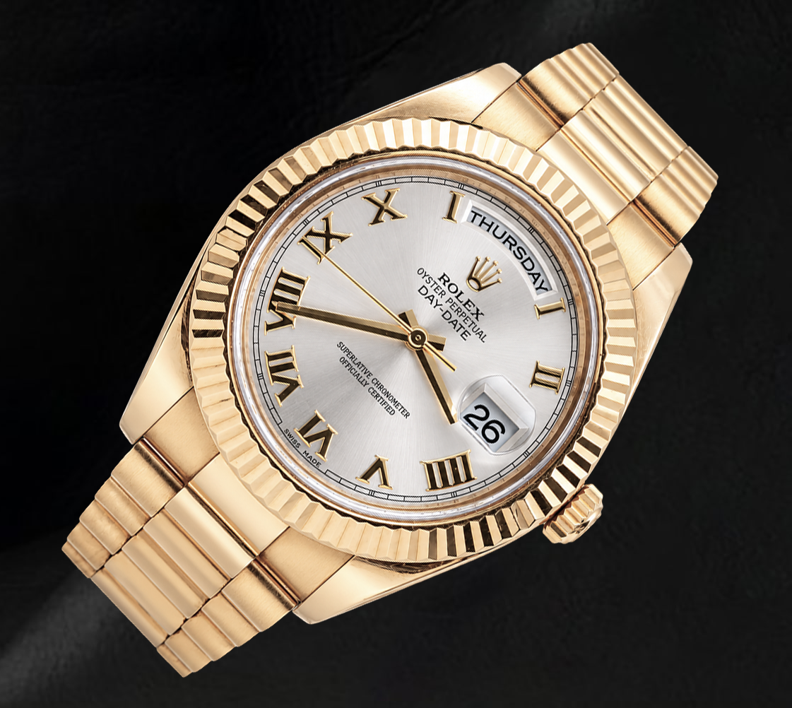 Rolex Day Date II 41 mm 218238 Quadrante Argento con Numeri Romani Bracciale President Orologio in Oro Giallo
