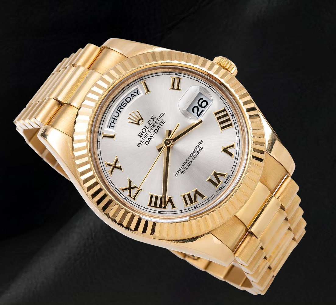 Rolex Day Date II 41 mm 218238 Quadrante Argento con Numeri Romani Bracciale President Orologio in Oro Giallo