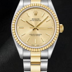 Rolex Oyster Perpetual 14233 34 mm Orologio Bicolore Quadrante Champagne con Indici a Bastone