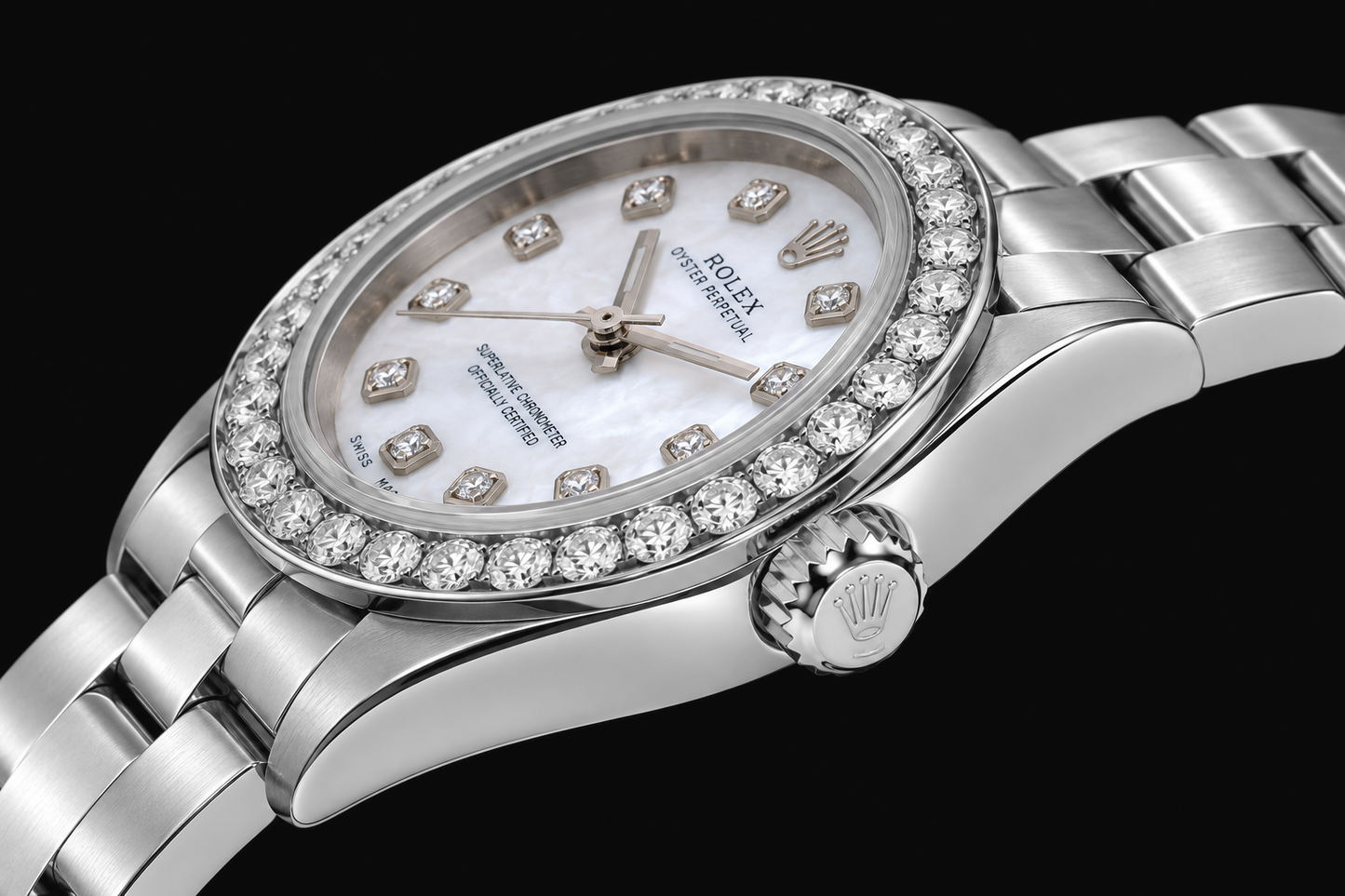 Rolex Oyster Perpetual 67193 26 mm Orologio in Acciaio Inossidabile con Quadrante con Diamanti in Madreperla Bianca