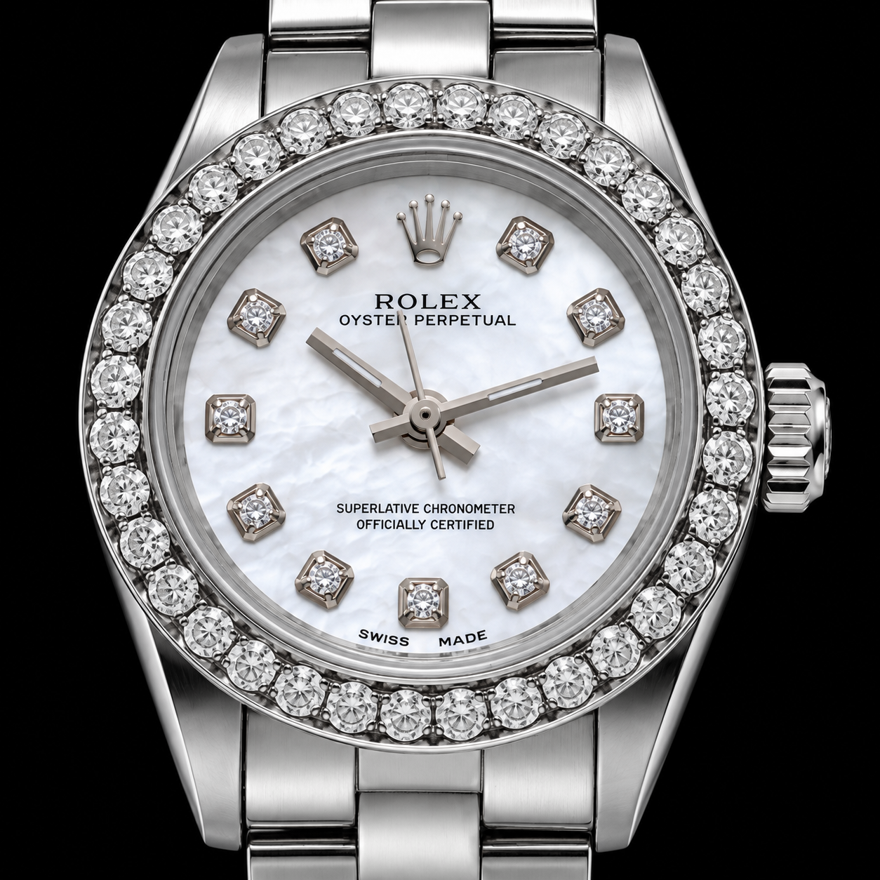 Rolex Oyster Perpetual 67193 26 mm Orologio in Acciaio Inossidabile con Quadrante con Diamanti in Madreperla Bianca