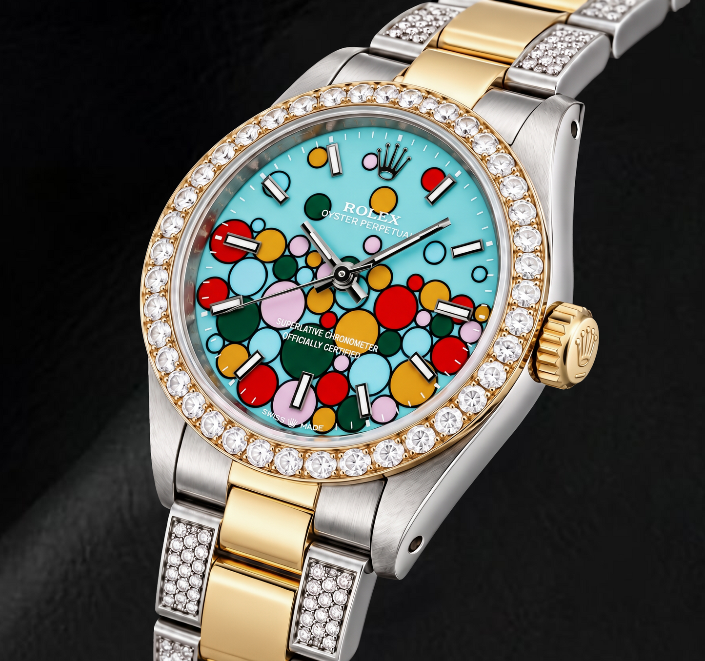 Orologio Rolex Oyster Perpetual 6748 31 mm Bicolore con Quadrante con Indici a Bastone Luminescenti Turchese Celebrazione