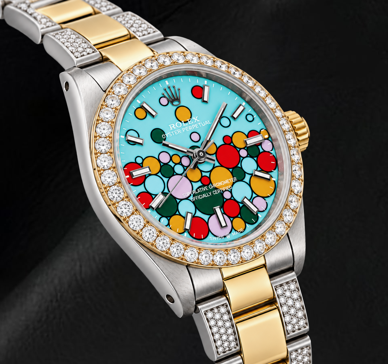 Orologio Rolex Oyster Perpetual 6748 31 mm Bicolore con Quadrante con Indici a Bastone Luminescenti Turchese Celebrazione