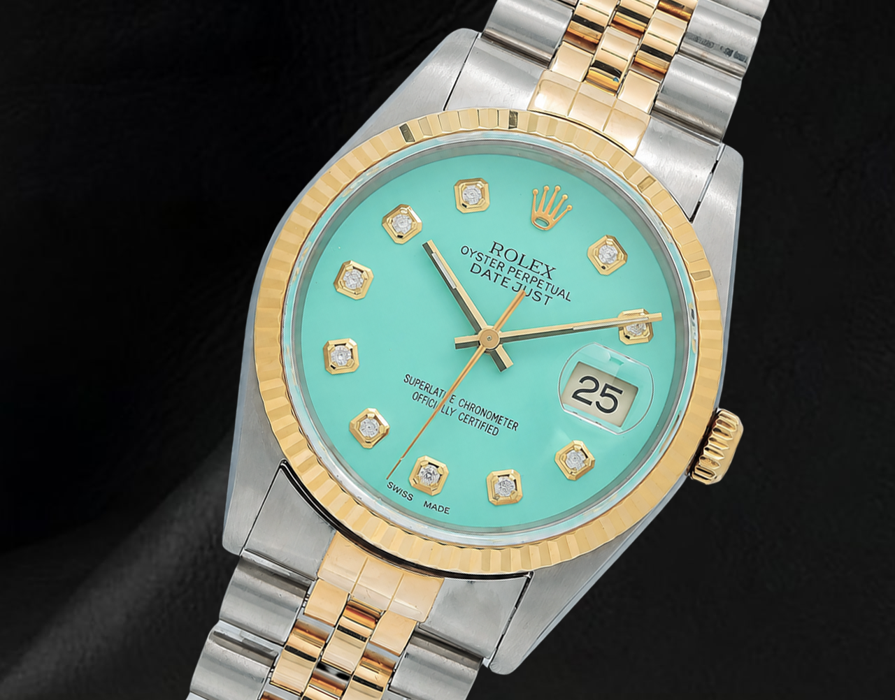 Rolex Datejust 36 mm 16013 Orologio Bicolore Lunetta Zigrinata Quadrante Turchese con Diamanti