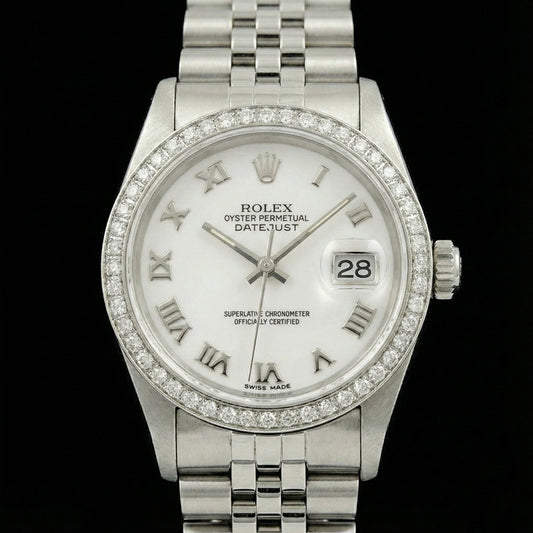 Rolex datejust madreperla bianco quadrante romano lunetta con diamanti bracciale giubileo in acciaio inossidabile impostazione rapida