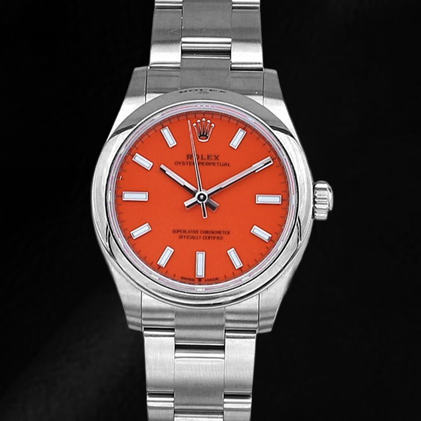 Rolex ostrica perpetua 31mm Orologio da uomo in acciaio con quadrante rosso corallo luminoso