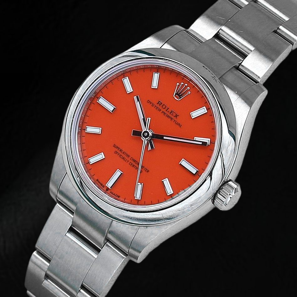 Rolex ostrica perpetua 31mm Orologio da uomo in acciaio con quadrante rosso corallo luminoso