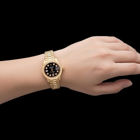 Rolex presidente quadrante con diamanti neri lunetta orologio da donna in oro giallo