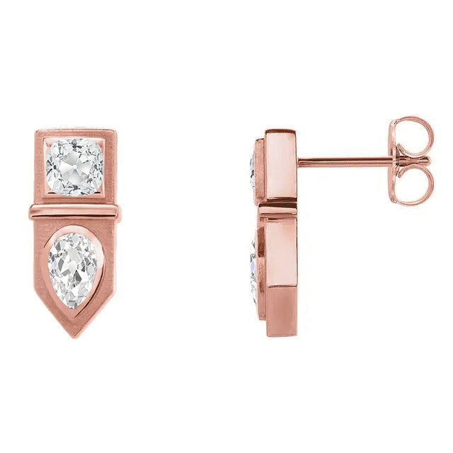 Diamante Fine Cuscino Orecchini a Lobo in Oro 14 Carati Rosa – vista frontale
