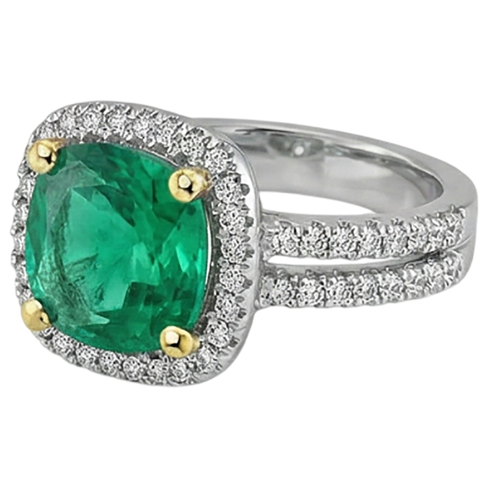 Smeraldo Taglio Brillante Anello con Pietra Preziosa in Oro Bicolore 14K – vista angolare