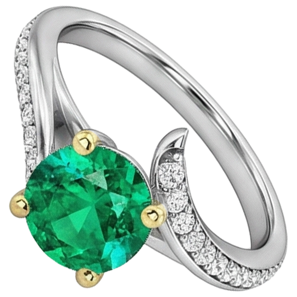 Smeraldo Taglio Brillante Anello con Pietra Preziosa in Oro 14 Carati Bicolore – vista angolare