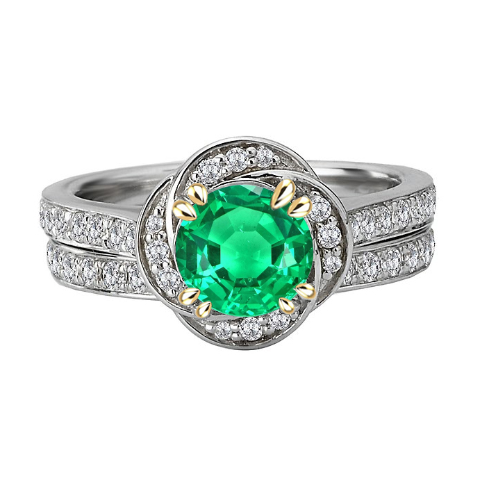 Smeraldo Fine Taglio Brillante Anello con Gemma in Oro 14 Carati Bicolore – vista principale