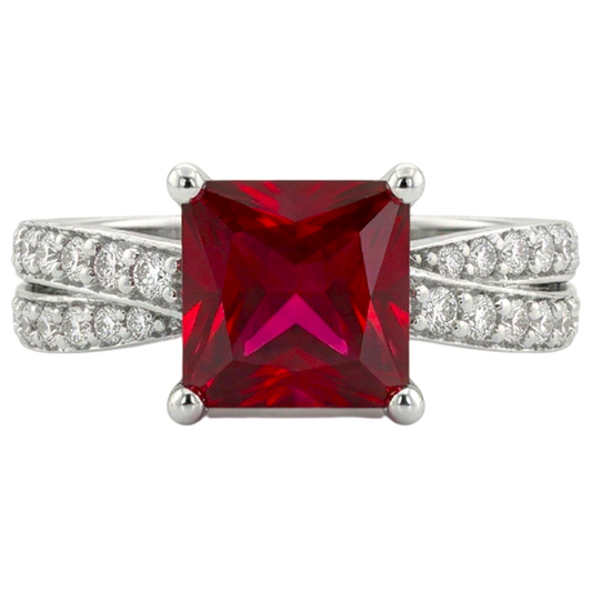 Rubino Rosso Taglio Princess Con Diamanti Naturali Autentici ( non creati in laboratorio ) 4,10 Ct. Anello Oro Bianco 14K