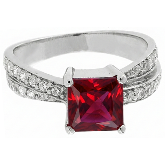 Rubino Rosso Taglio Princess Con Diamanti Naturali Autentici ( non creati in laboratorio ) 4,10 Ct. Anello Oro Bianco 14K