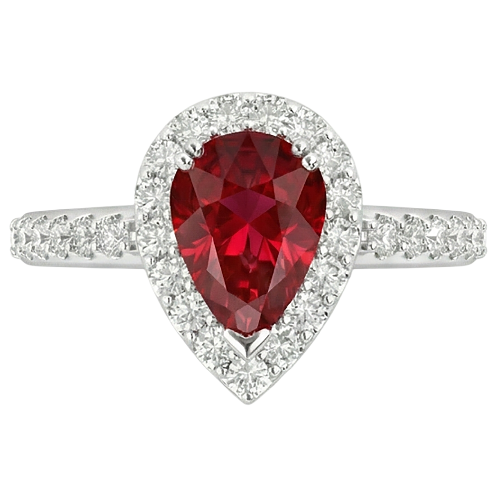 Rubino taglio pera con anello di diamanti Gioielli in oro bianco 14K 2.50 ct.