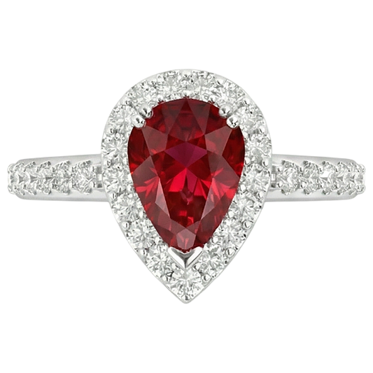 Rubino taglio pera con anello di diamanti Gioielli in oro bianco 14K 2.50 ct.