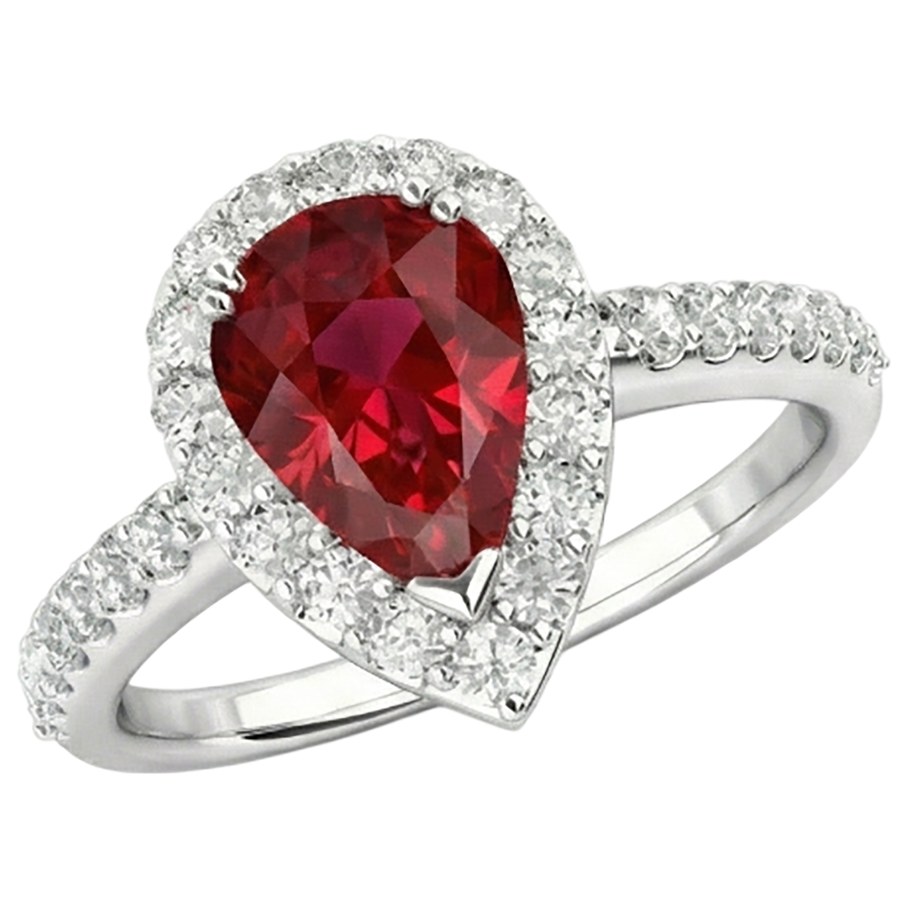 Rubino taglio pera con anello di diamanti Gioielli in oro bianco 14K 2.50 ct.
