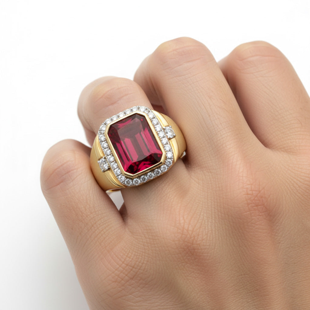 Rubino Birmano Taglio Radiant Anello Uomo in 10K Yellow Gold – vista angolare