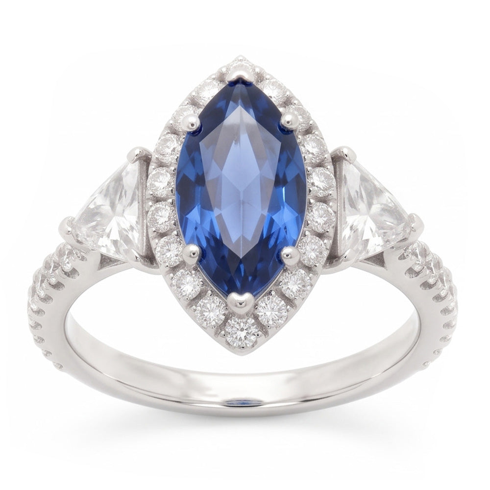 Anello di Fidanzamento con Zaffiro Blu Naturale Taglio Marquise da 3 Carati Halo a Tre Pietre in Platino