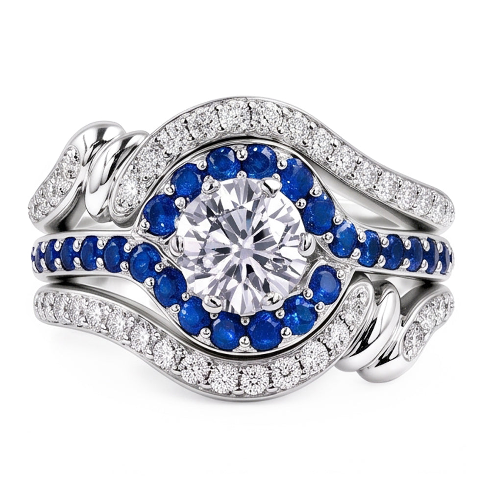Set Di Anelli Con Diamanti. 3.50 Carati. Zaffiro Blu. Gioielli Da Donna